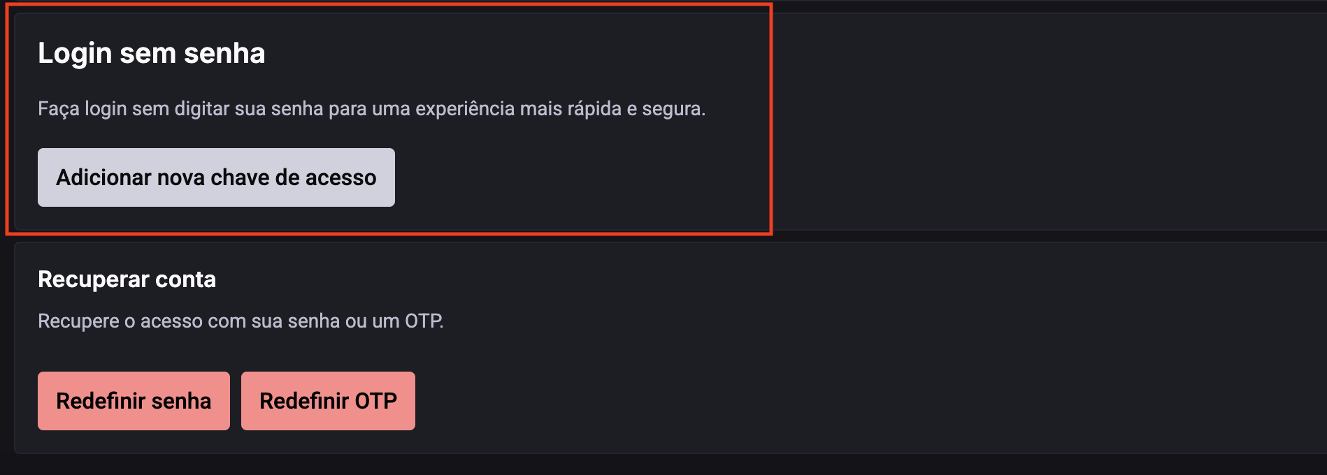 Captura de tela da seção de Perfil Pessoal da Conta StackSpot, destacando o botão de ativar ou desativar o Login sem senha com um retângulo vermelho.
