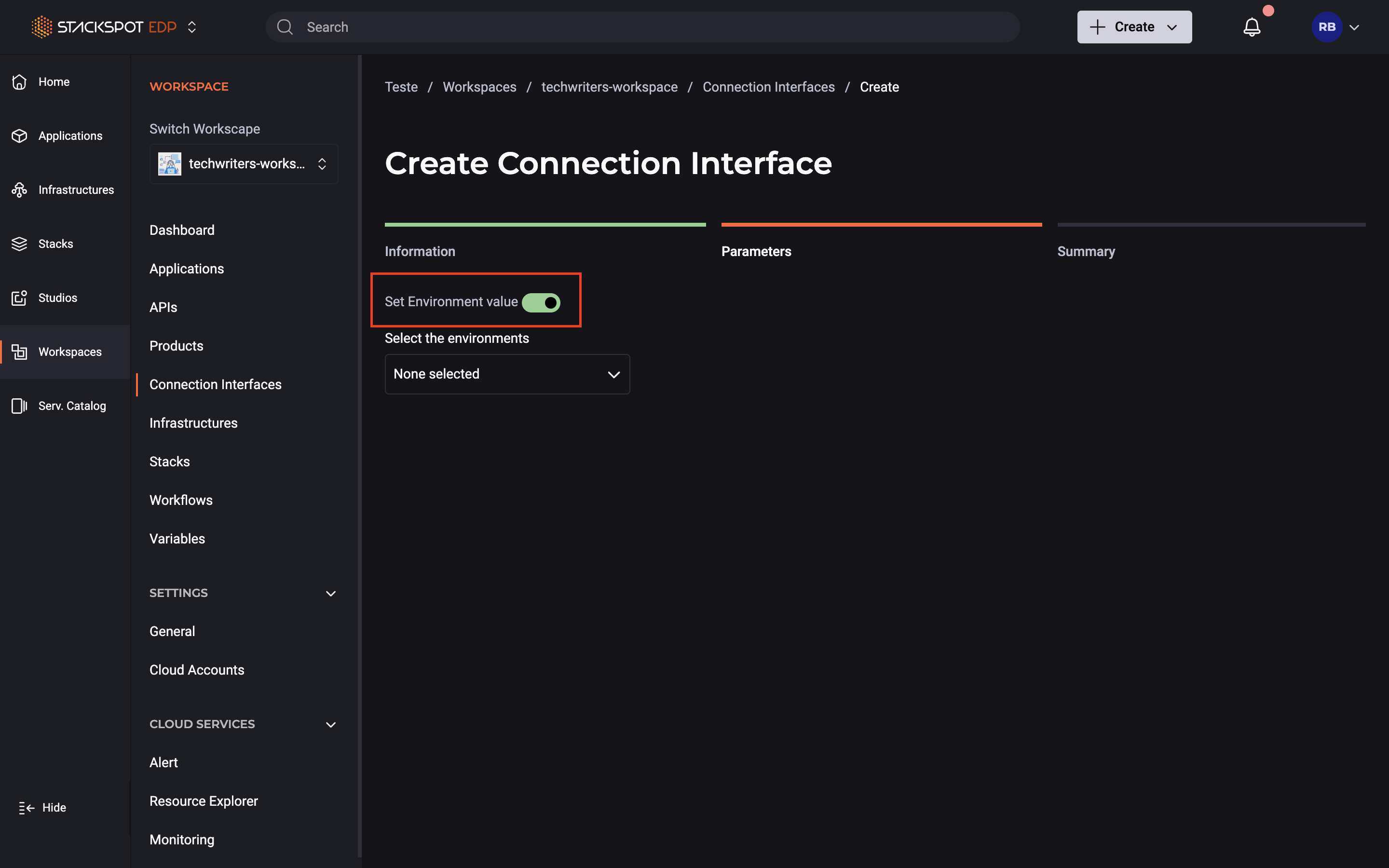 Imagem do Portal StackSpot EDP dentro de Connection Interfaces na seção de Parâmetros