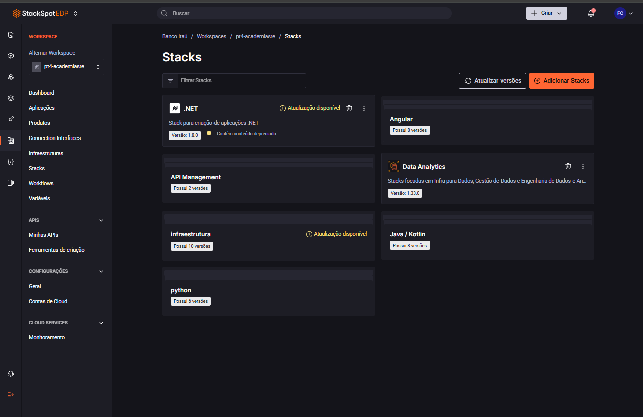 Window showing which Stacks will be updated and their new versions.