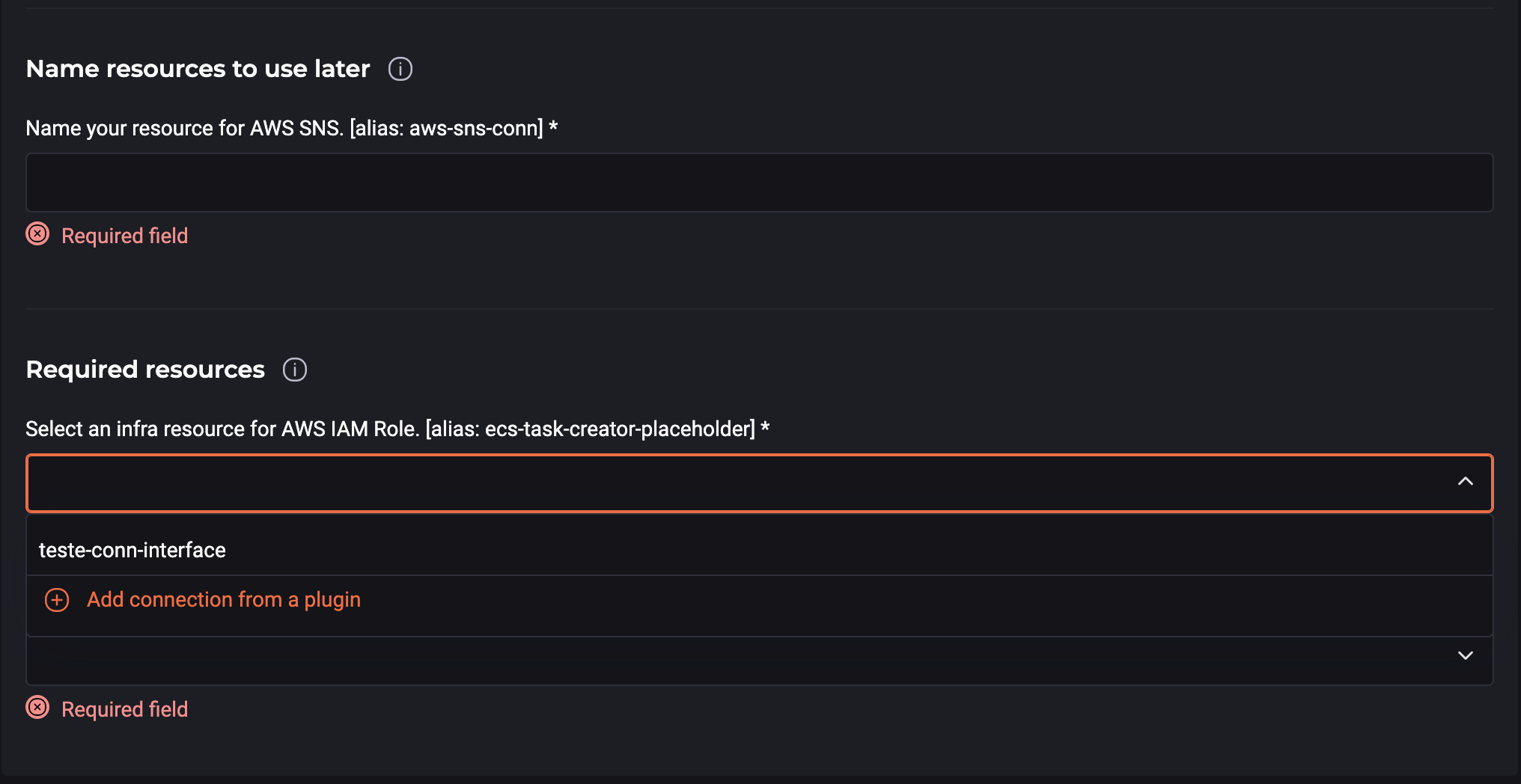 Highlighted input fields for 'Name resources to use later' and 'Required Resources'