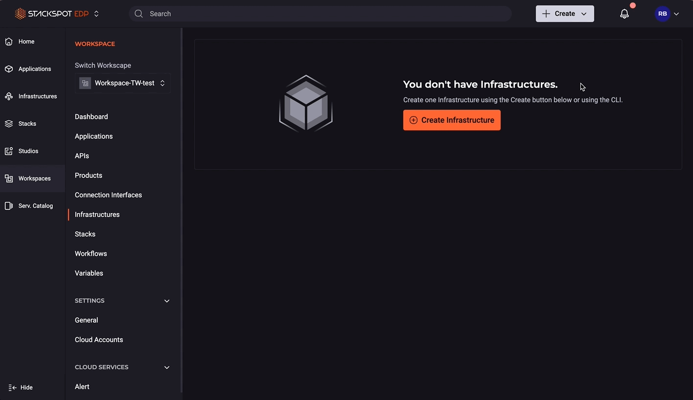 GIF showing the selection of Workspace, Stack, and Starter during infrastructure creation