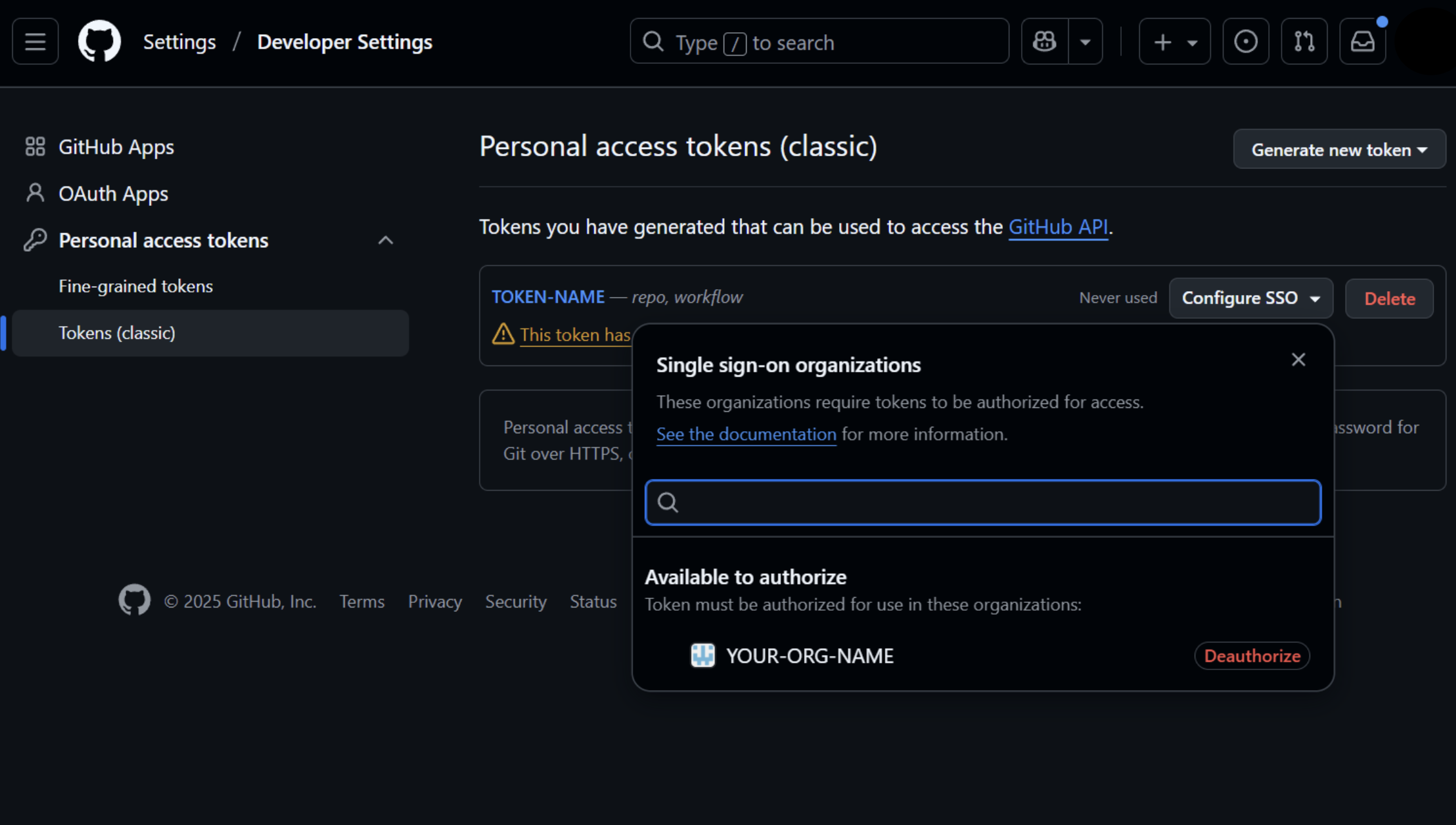 Página localizada no menu Settings/ Developer Settings > Personal access tokens (classic) para consultar o token autorizado.