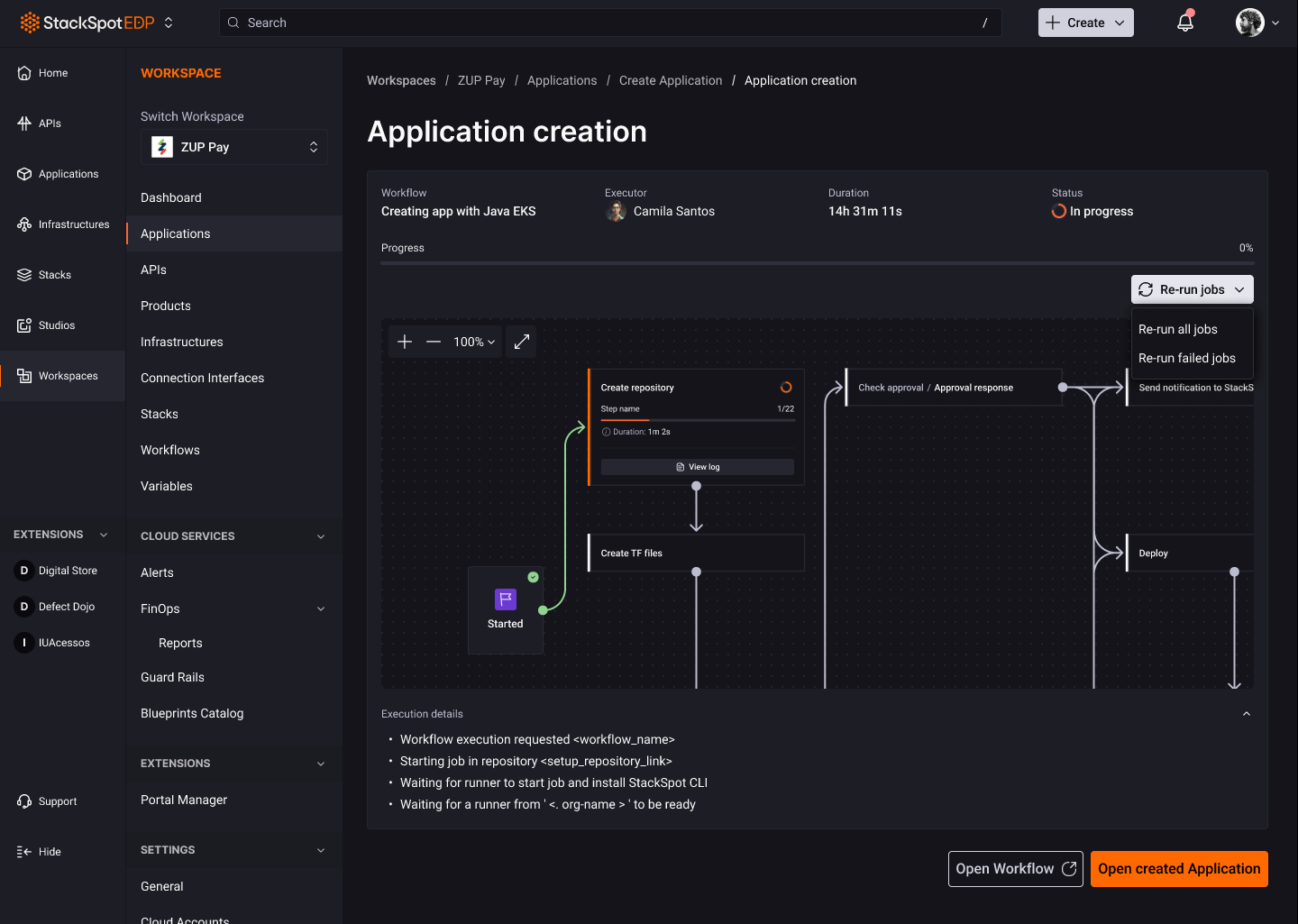 Tela do portal StackSpot EDP que exibe uma imagem com o fluxo de execução do Workflow representado por um diagrama de quadros que representam os Jobs do Workflow da StackSpot, os Jobs são ligados por setas que representam o fluxo de cada Job executado. Possui o novo botão chamado Re-run jobs com as opções Re-run all jobs e Re-run failed jobs.